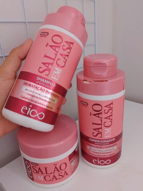 linha eico salão em casa shampoo, condicionador e máscara para fazer hidratação no cabelo cacheado