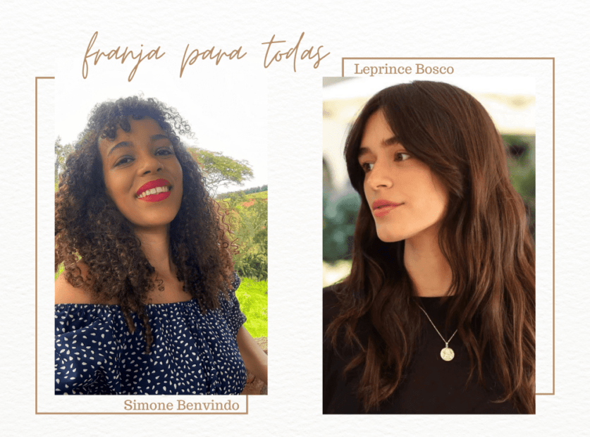 duas mulheres, do lado esquerdo uma mulher negra de cabelo cacheado com franja. Do lado direito uma mulher de cabelo liso e franja.