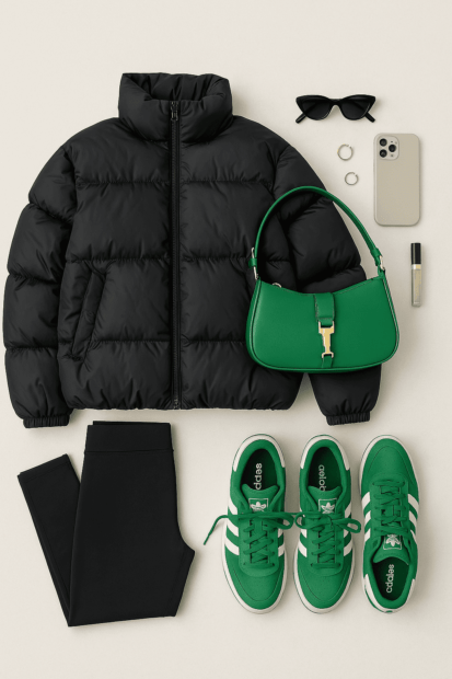 look para sair jaqueta puffer e legging