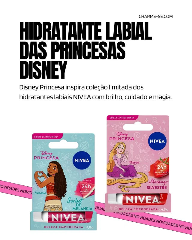 ✨💄 Novidade mágica chegando! 💖 A NIVEA lançou uma coleção limitada de hidratantes labiais inspirada nas Princesas Disney — com brilho, cuidado e muita fofura! 💫🌺 Moana com Sorbet de Melancia🌸 Rapunzel com Morango Silvestre💋 24h de hidratação + fórmula vegana!Qual princesa vai te acompanhar nesse inverno? 👑#CharmeSe  #DisneyPrincesa #NIVEA #CuidadosLabiais #BelezaAcessível #lançamentos #disney #gloss #glossygloss #hidratantelabial #princesasdisney