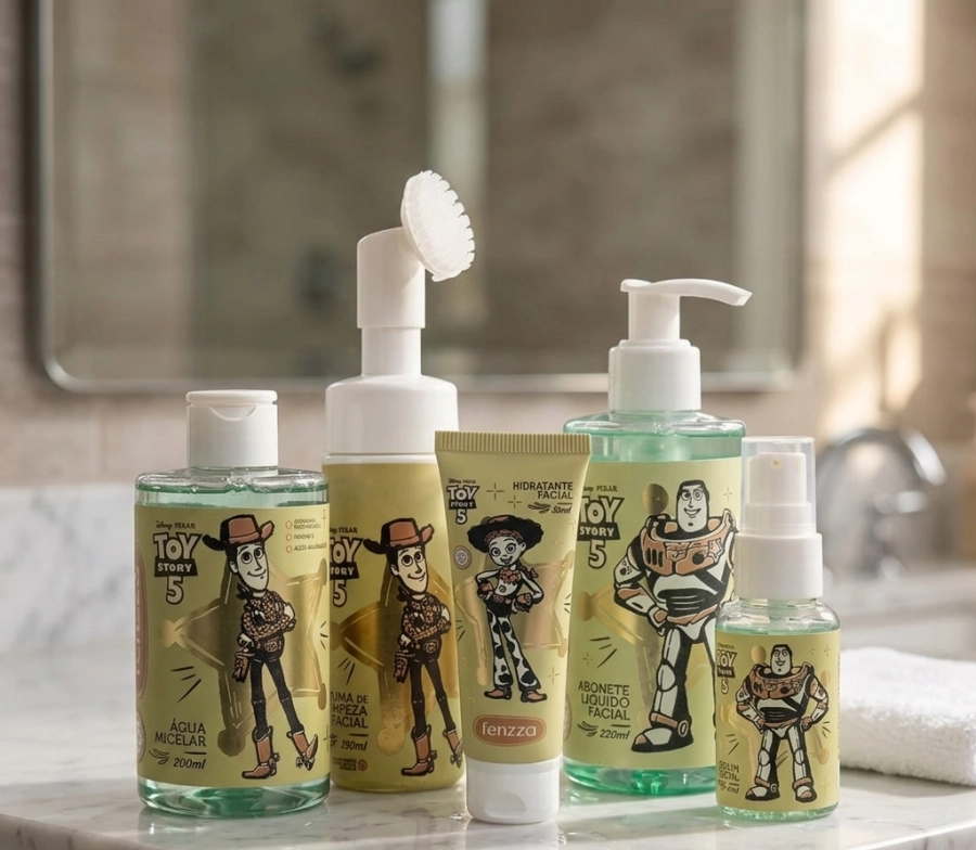 Skincare Toy Story 5 Fenzza lança coleção que une beleza e nostalgia